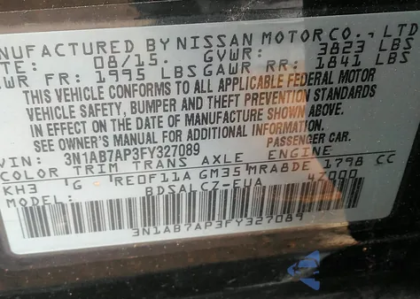 2015 Nissan Sentra S из США, поврежденный, VIN 3N1AB7AP3FY327089